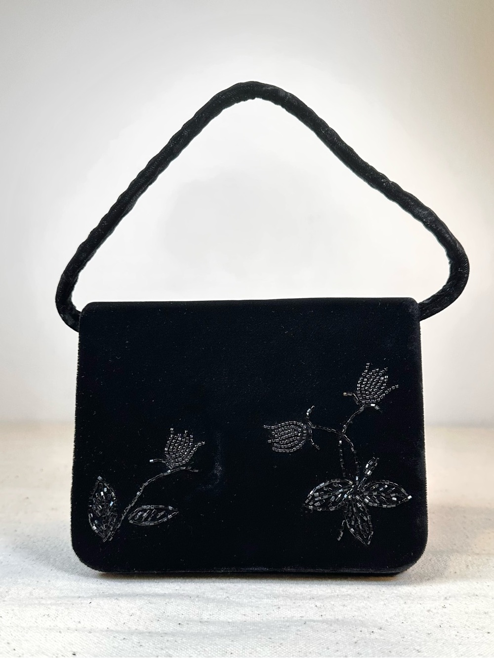 Vintage GAP Black Rayon Velvet Floral Beaded Small Evening Handbag Crossbody